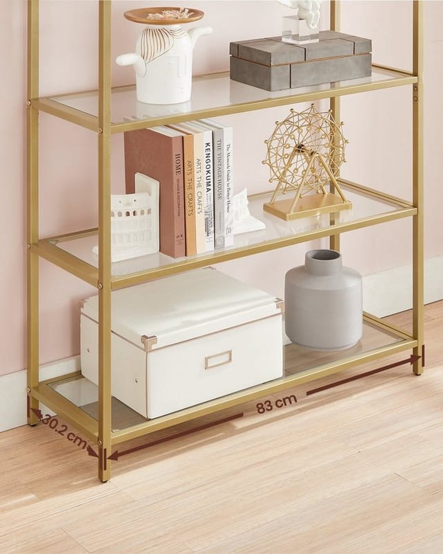 Vasagle Bücherregal 5 Ablagen Hartglas 30,2 cm x 83 cm x 183,5 cm Gold