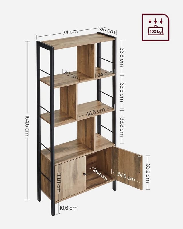 Vasagle Bücherregal 4 Ebenen 74 cm x 154,5 cm x 30 cm Braun-Schwarz