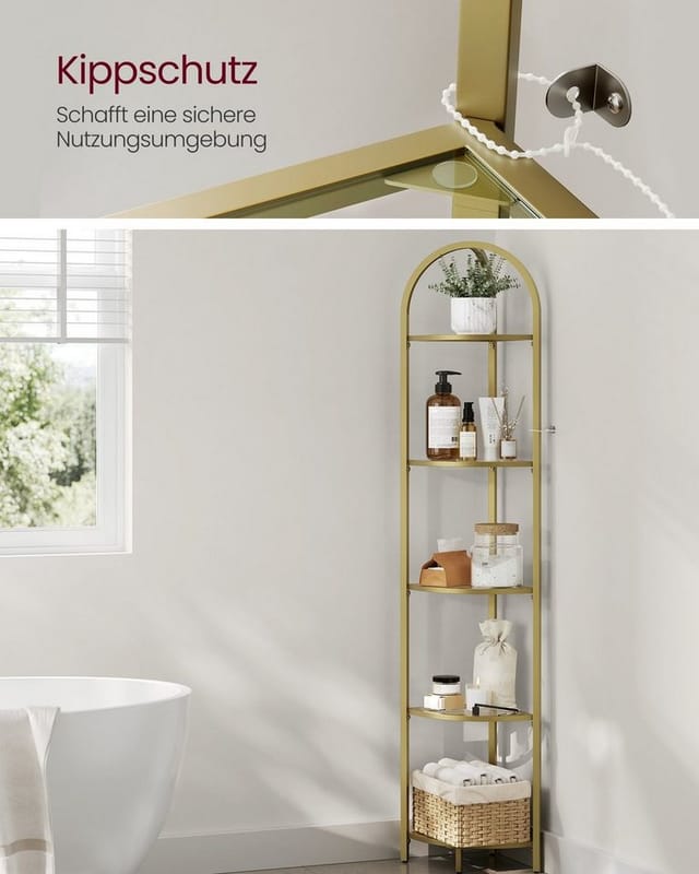 Vasagle Eckregal 5 Ebenen Hartglas 28 cm x 28 cm x 158 cm Gold