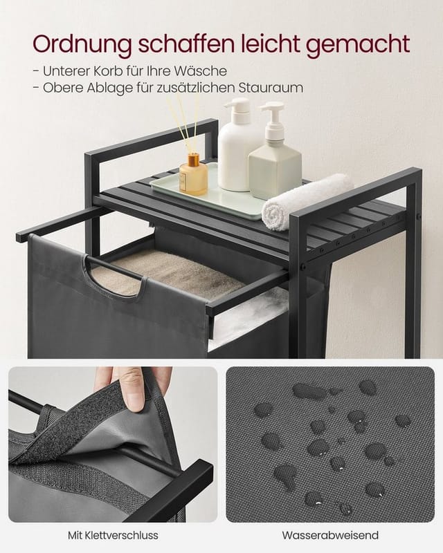 Vasagle Wäschesammler mit Ablage 50 cm x 33 cm x 72 cm Schwarz-Grau