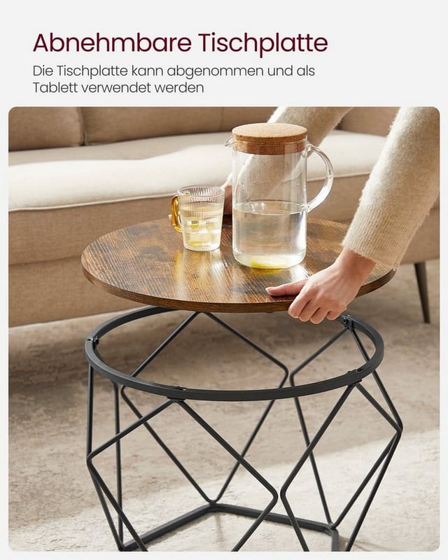 Vasagle Couchtisch 2er Set Tischplatte Abnehmbar Braun-Schwarz