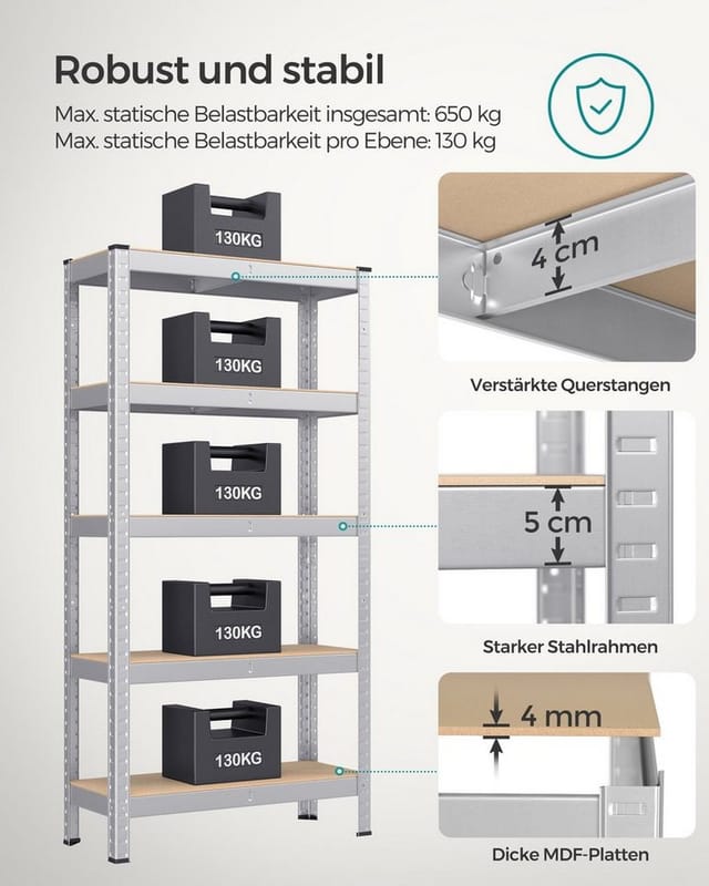 Songmics Schwerlastregal 30 cm x 75 cm x 150 cm Silber