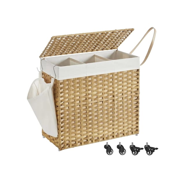 Songmics Wäschekorb mit Deckel 66 cm x 33 cm x 66 cm Naturfarben