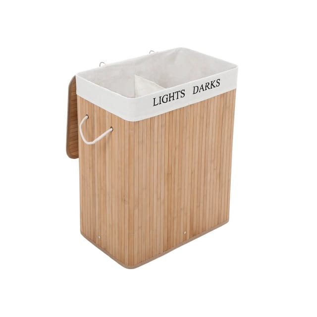 Songmics Wäschekorb 2 Fächern Bambus 32 cm x 52 cm x 61 cm Naturfarben