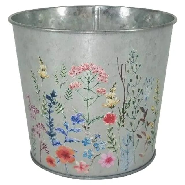A.H.G. Übertopf Metall Verzinkt Rund Blumenaufdruck Ø 15 cm x 13 cm Silber