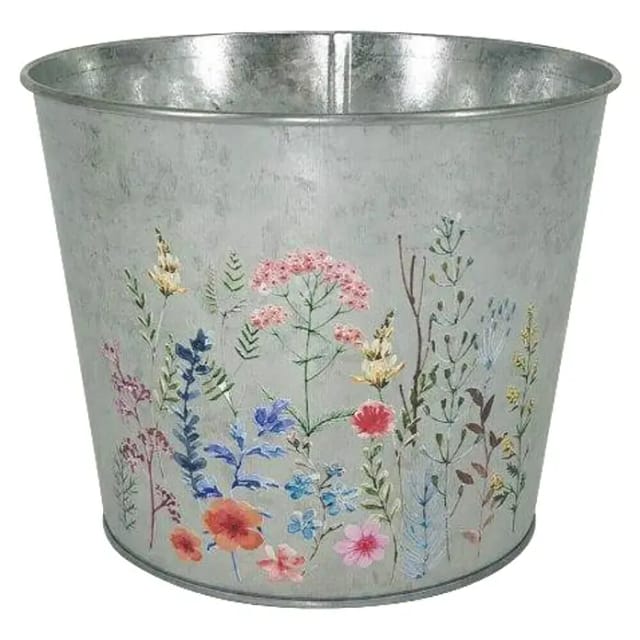 A.H.G.Übertopf Metall Verzinkt Rund Blumenaufdruck Ø 17,5 cm x 14 cm Silber
