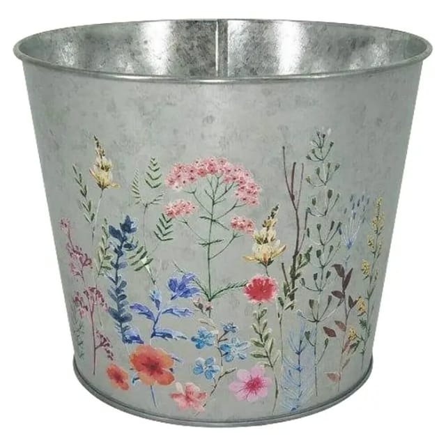 A.H.G.Übertopf Metall Verzinkt Rund Blumenaufdruck Ø 19,5 cm x 15,5 cm Silber
