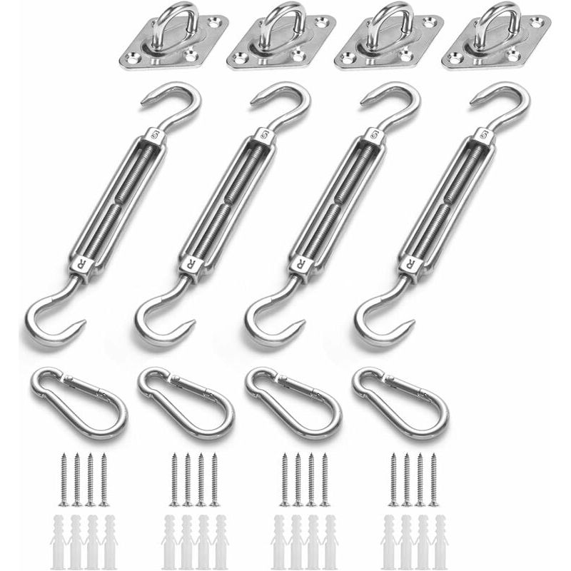 Befestigungsset Für Sonnensegel – Edelstahl – Für Dreieckige, Quadratische Und Rechteckige Segel – M5 – Set Bestehend Aus 4 Wandhalterungen, 4 Karabinerhaken, 4 Spannschrauben Und 16 Schrauben