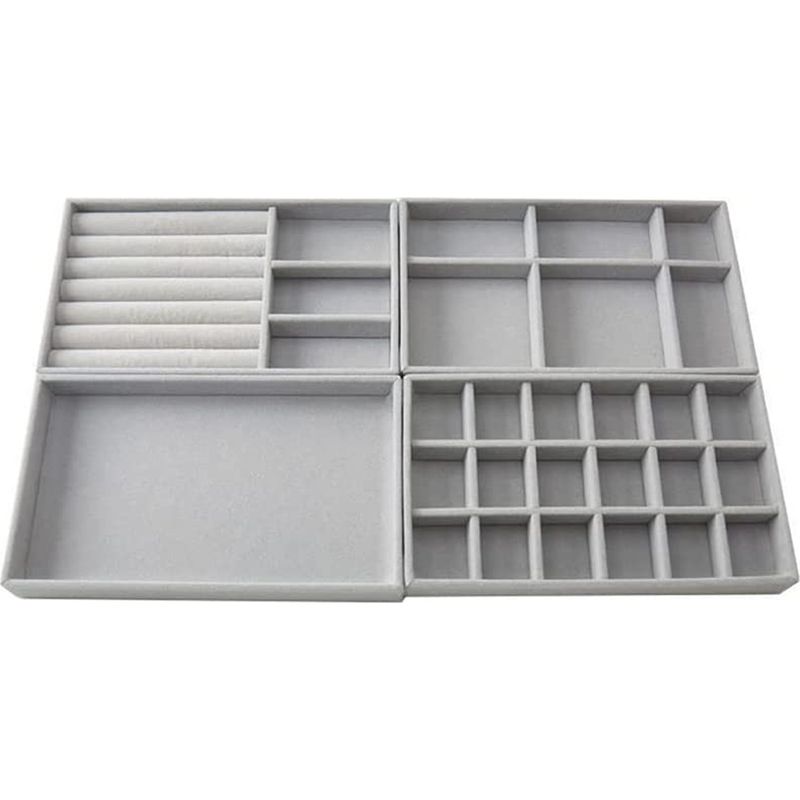 Schmuckaufbewahrungsschublade – Graue Samt-schmuckschatulle – 4-teilig – 18 Fächer, 6 Fächer, Ringhalter, Leere Ablage – 21 X 12 X 2,5 Cm
