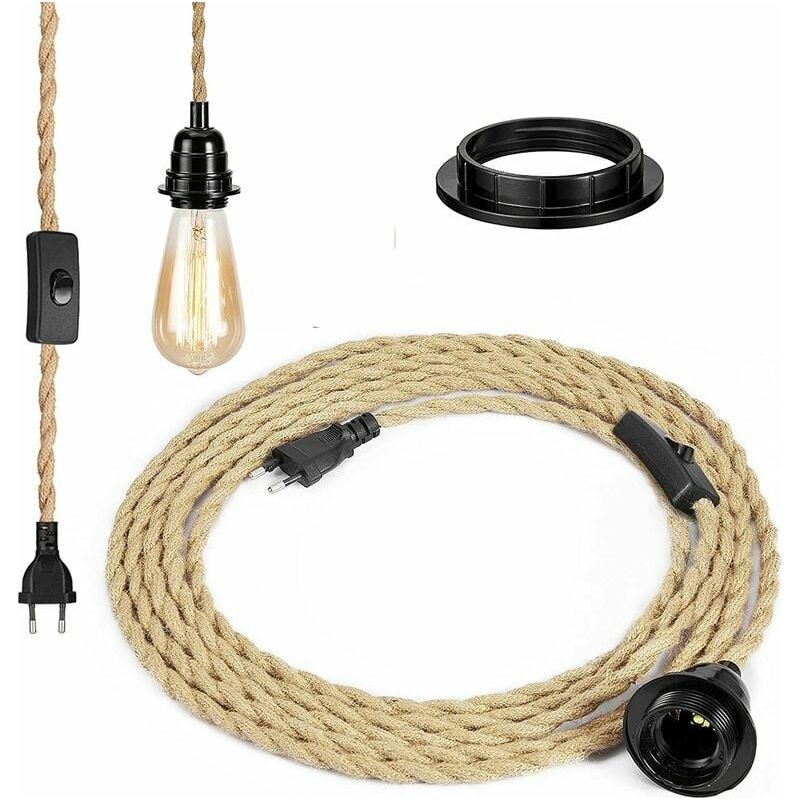 Seil-pendelleuchte – E27-fassung – 4,5 M Langes, Gedrehtes Hanfkabel – Integrierter Schalter – Für Pendelleuchten