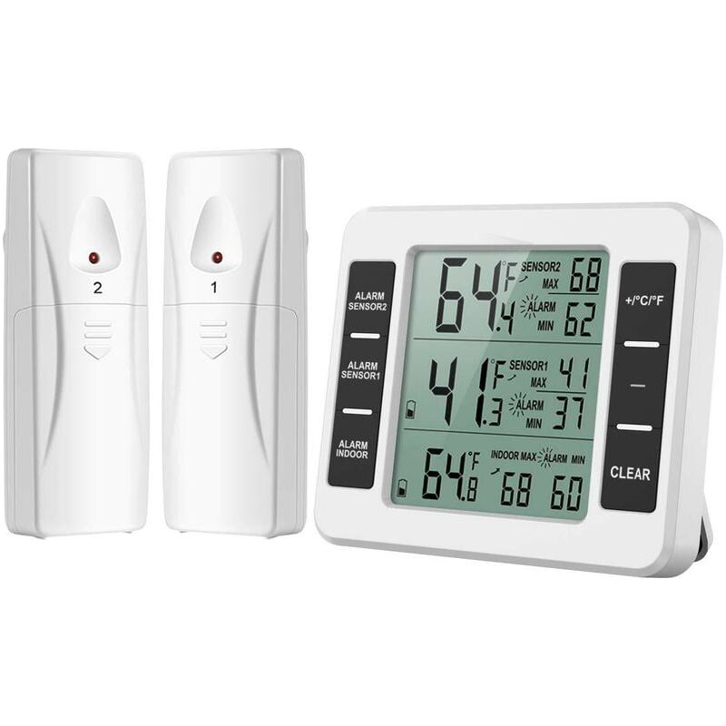 Kühlschrank- Und Gefrierschrankthermometer – 2 Drahtlose Sensoren – 3,6-zoll-lcd-bildschirm – Akustischer Alarm – Min./max.-anzeige – 30 M Übertragungsreichweite – 1 Haupteinheit + 2 Sensoren