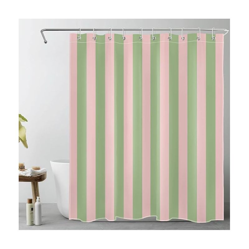 Duschvorhang Mit Rosa-grünen Streifen Für Moderne, Minimalistische Badezimmer Mit Vertikalen Streifen Und 10 Haken – Ästhetisches Vintage-duschset Fürs Badezimmer