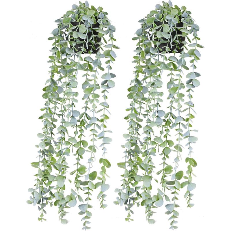 Künstliche Pflanze – Hängende Eukalyptusranke – Schwarzer Topf – 56 Cm – Wanddekoration Für Büro, Küche, Garten – 2 Stück