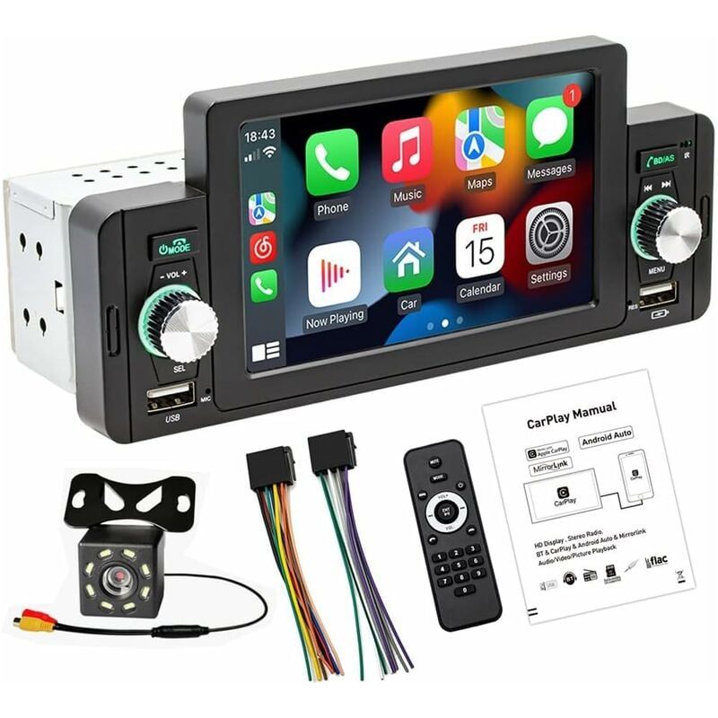 5-zoll-touchscreen-autoradio – Bluetooth, Fm, Usb, Aux, Mirrorlink – 8-led-rückfahrkamera – Kompatibel Mit Android Auto Und Carplay – 1 Din