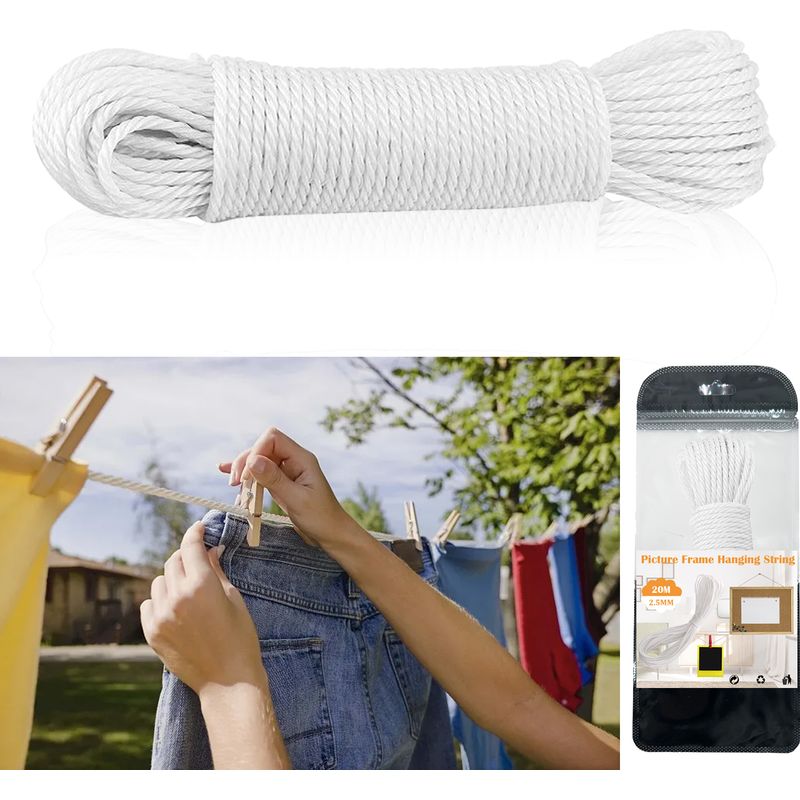 Bilderaufhängeschnur – 2,5 Mm X 20 M – Weißes, Geflochtenes Nylon – Für Spiegel, Gemälde Und Wanddekorationen – 1 Stück