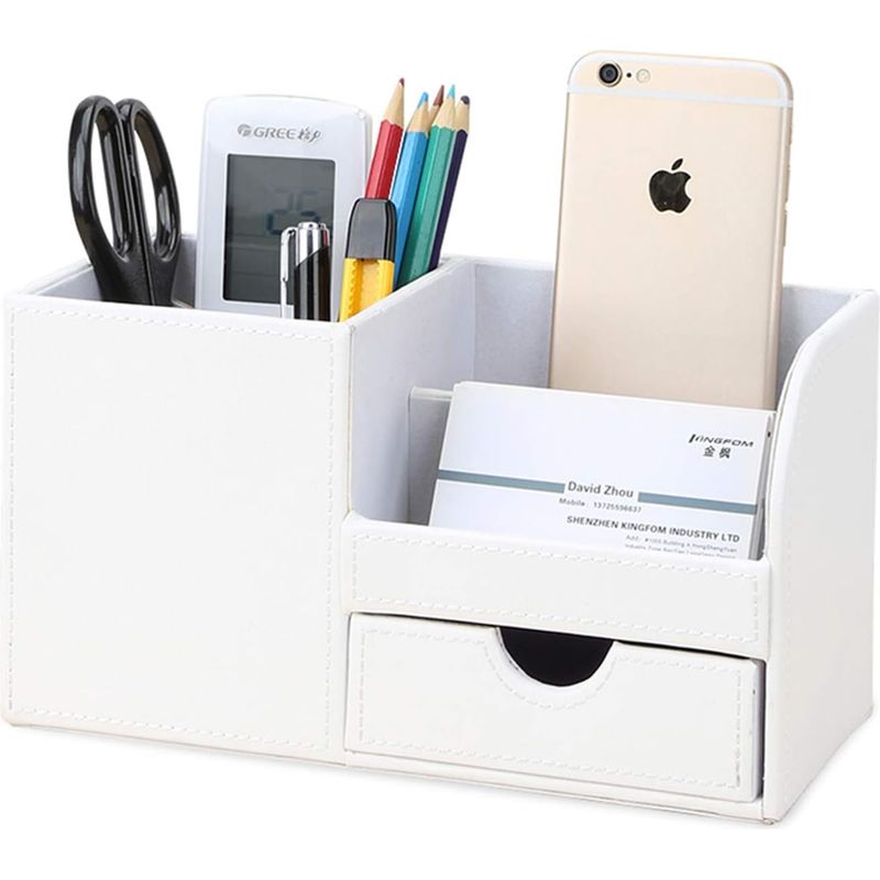 Schreibtisch-organizer – 4 Fächer Mit Schublade – Pu-leder Und Mdf – 21,5 X 10,5 X 12,3 Cm – Weiß
