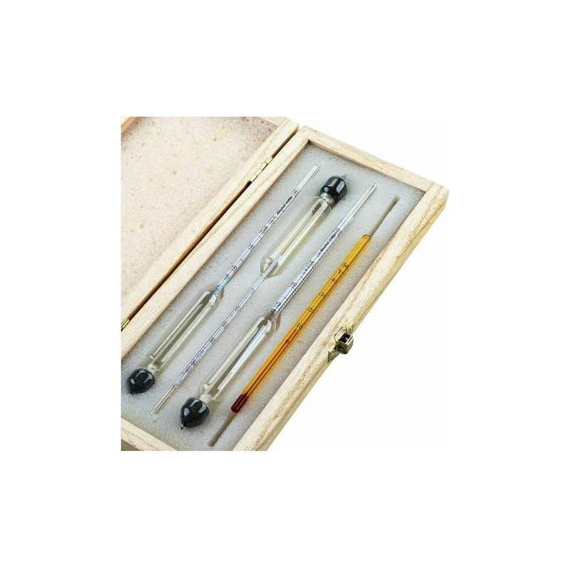 Alkoholmessgerät – 3 Messbereiche: 0–40 %, 40–70 %, 70–100 % Vol. – Thermometer: 0–50 °c – Messzylinder – Holzkoffer – 1 Stück