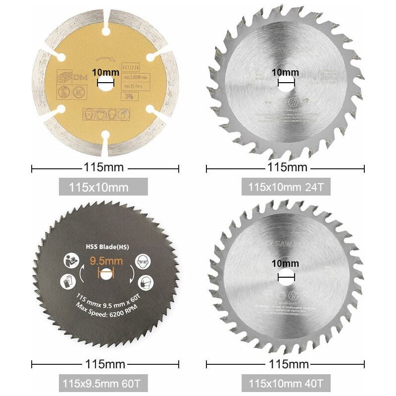 Kreissägeblatt – 115 Mm – 24 Zähne Hartmetall – 60 Zähne Hartmetall – 60er Körnung Diamant – Für Holz Und Nichteisenmetalle – 4er-pack