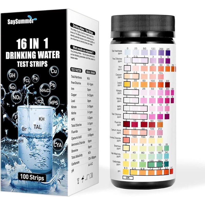 Wassertest-set – Teststreifen Zur Wasserqualitätsanalyse – 16 Parameter: Ph-wert, Härte, Blei, Chlorid, Nitrat, Eisen, Kupfer – 100 Stück