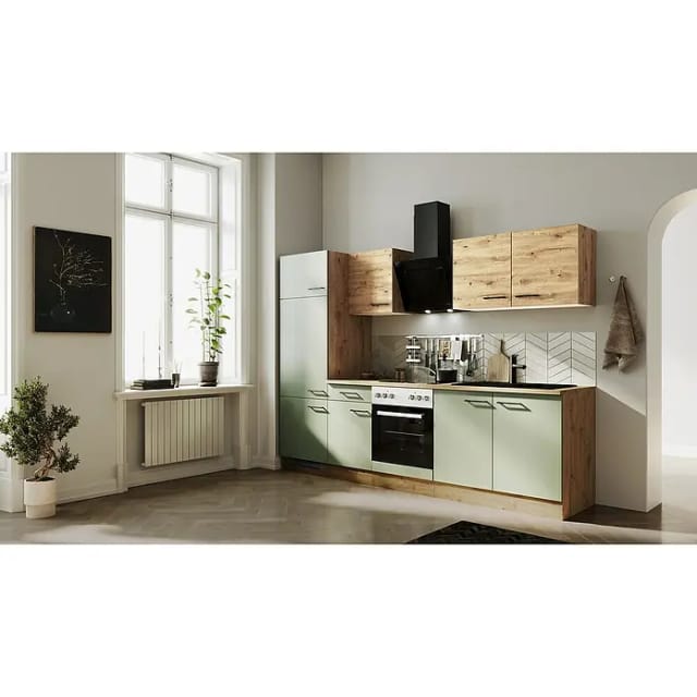 Flex-Well Exclusiv Küchenzeile Cara 270 cm Schilfgrün matt - Artisan Eiche