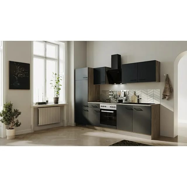 Flex-Well Exclusiv Küchenzeile Capri 270 cm Schwarz Matt-Endgrain Oak