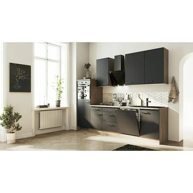 Flex-Well Exclusiv Küchenzeile Capri 280 cm Schwarz Matt-Endgrain Oak