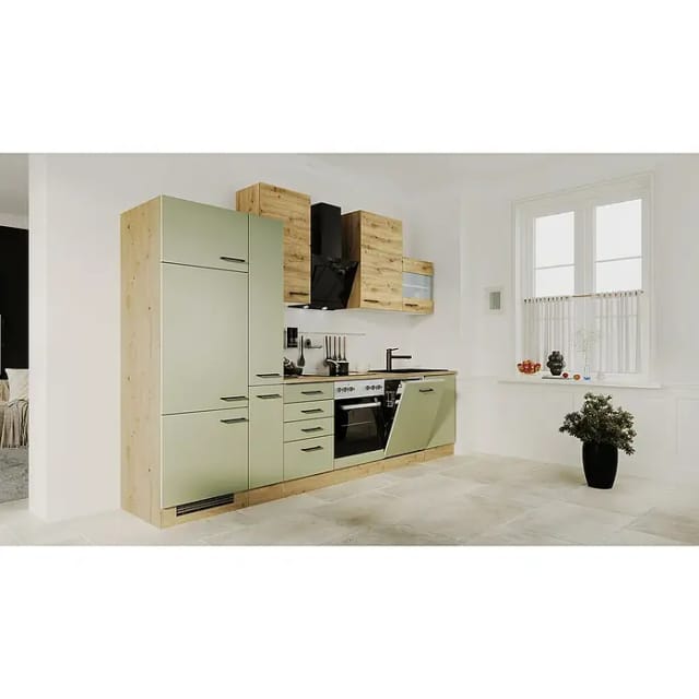 Flex-Well Exclusiv Küchenzeile Cara 310 cm Schilfgrün matt - Artisan Eiche