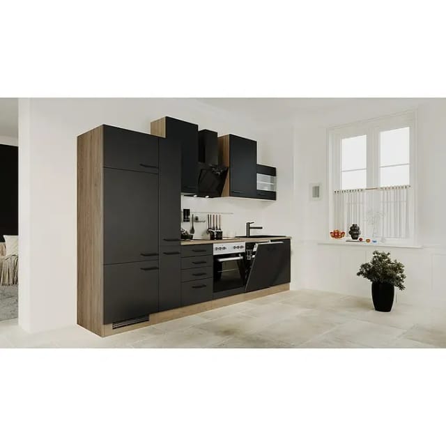 Flex-Well Exclusiv Küchenzeile Capri 310 cm Schwarz Matt-Endgrain Oak