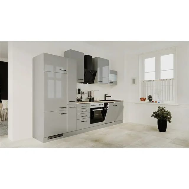 Flex-Well Exclusiv Küchenzeile Lund 310 cm Lichtgrau glänzend-Rauchgrau