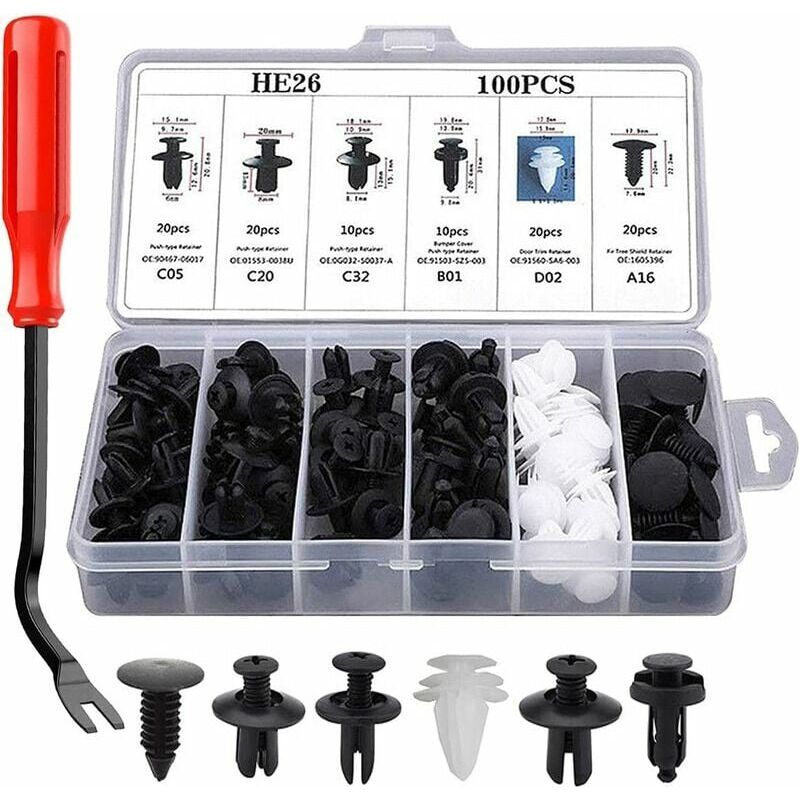 Karosserieclips – 100 Stück – 6 Größen – Durchmesser 5 Bis 10 Mm – Für Stoßstangen, Kotflügel, Motorhaube, Innenraum – Komplettes Set Mit Ausbauwerkzeug