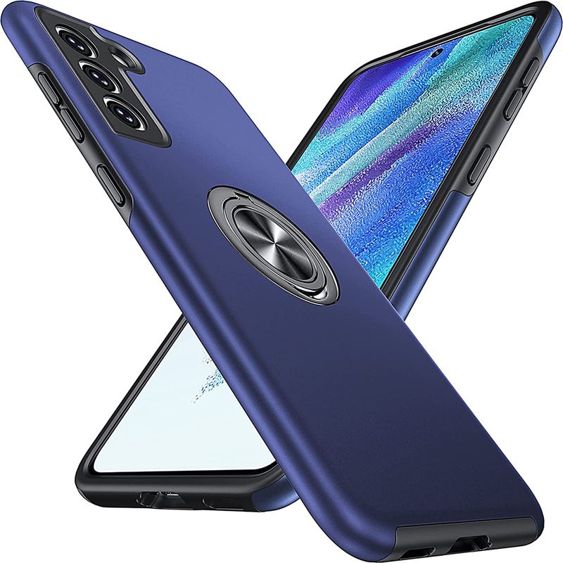 Schutzhülle Für Samsung Galaxy S21 Fe 5g – 360° Drehbarer Ständer – Integrierte Metallplatte – Zweilagiger Tpu/pc-schutz – 1,5 Mm Erhöhter Rand – Blau – 1 Stück