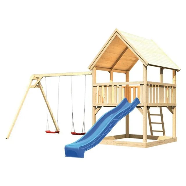 Karibu Spielturm Luis Satteldach Set m. Doppelschaukel u. Rutsche Blau