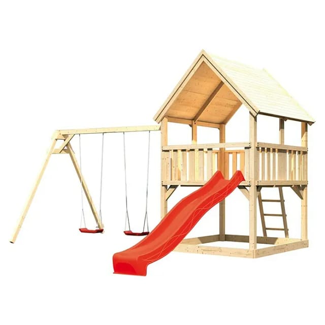 Karibu Spielturm Luis Satteldach Set m. Doppelschaukel u. Rutsche Rot