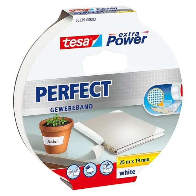 Tesa Extra Power Perfect Gewebeband Weiß 25 m x 19 mm