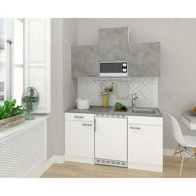 Respekta Küchenzeile KB150WWBMIG 150 cm Weiß-Beton Optik