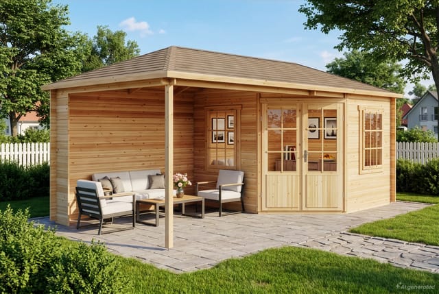 Alpholz 5-Eck Gartenhaus Mosel mit Vordach Unbehandelt 578 cm x 280 cm