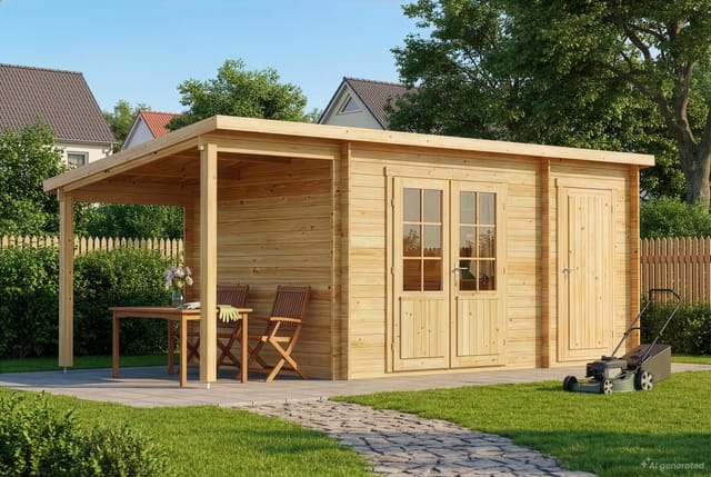 Alpholz Gartenhaus Maria-28 Natur 450 cm x 250 cm + 150 cm Schleppdach
