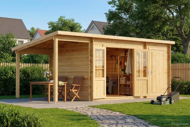 Alpholz Gartenhaus Maria 40 mm 450 cm x 250 cm + 150 cm Schleppdach Natur