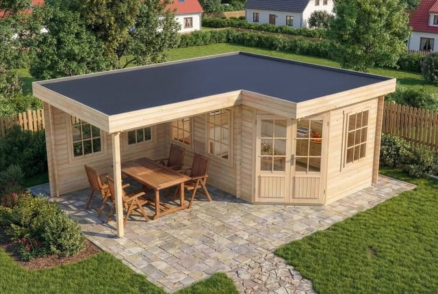 Alpholz 5-Eck Gartenhaus Pepe Flachdach Unbehandelt 422 cm x 276 cm