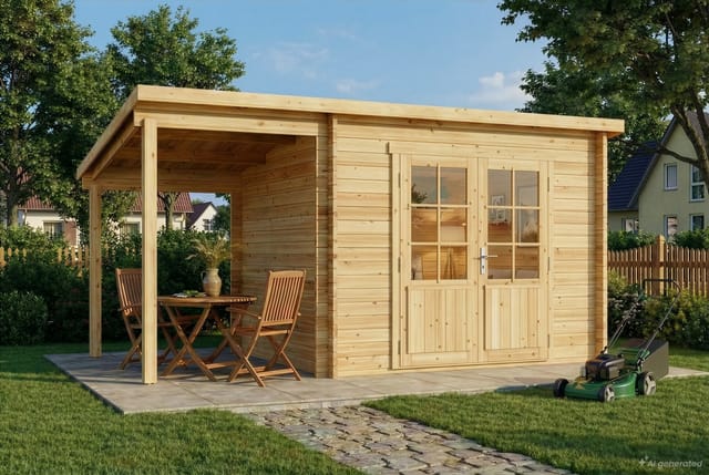 Alpholz Gartenhaus Maria-28 Natur 300 cm x 250 cm + 150 cm Schleppdach