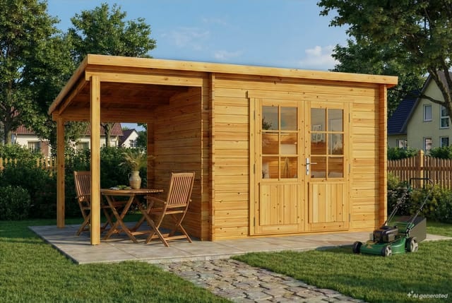 Alpholz Gartenhaus Maria-28 Natur 300 x 250 cm + 150 cm Schleppdach, imprägniert