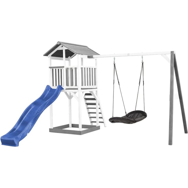 Axi Beach Tower Spielturm mit Roxy Nestschaukel Blaue Rutsche 349 x 357 x 242 cm
