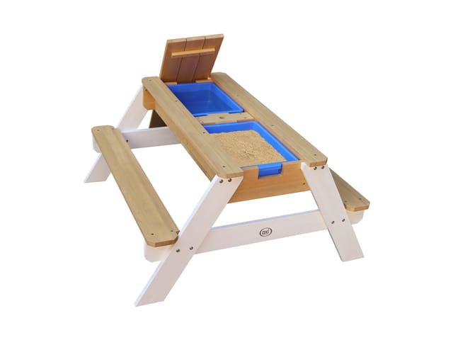 Axi Nick Sand & Wasser Picknicktisch Braun - Weiß mit Sonnenschirm