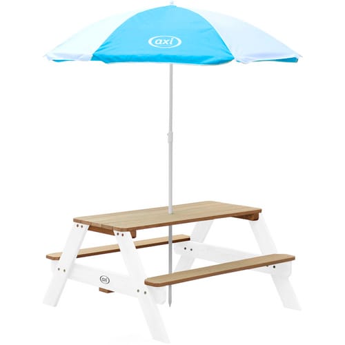 Axi Nick Picknicktisch Braun - Weiß Sonnenschirm Blau - Weiß 95 x 98 x 49 cm