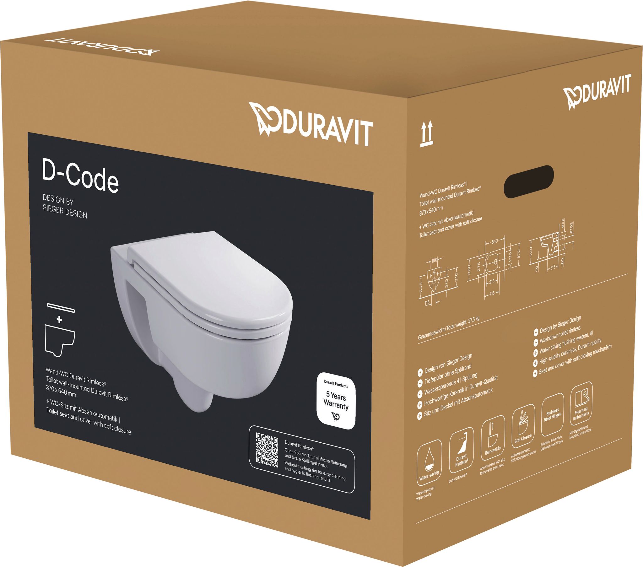 Duravit D-code Wc-set, Wandhängend, Rimless, Inklusive Wc-sitz