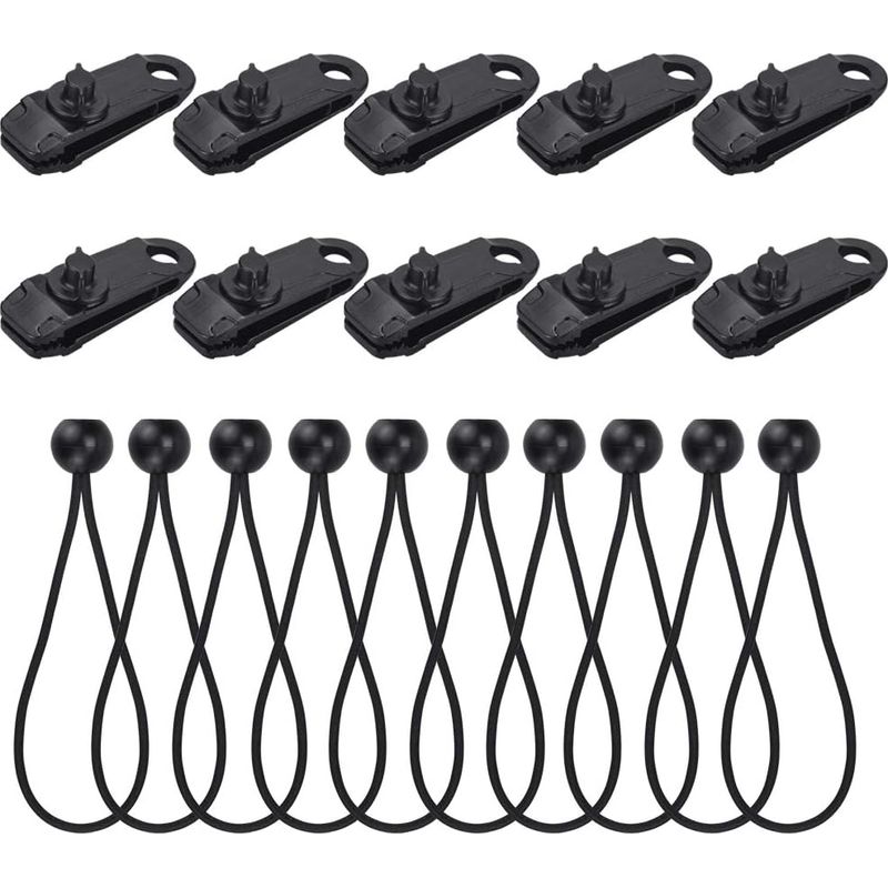 Elastische Kordel – 10 Stück – 17,5 Cm Eingezogen / 30 Cm Ausgezogen – Kunststoffkugel (2,7 Cm) – Abs-zeltclips – 10 Stück – Für Planen, Pavillons, Zelte, Camping