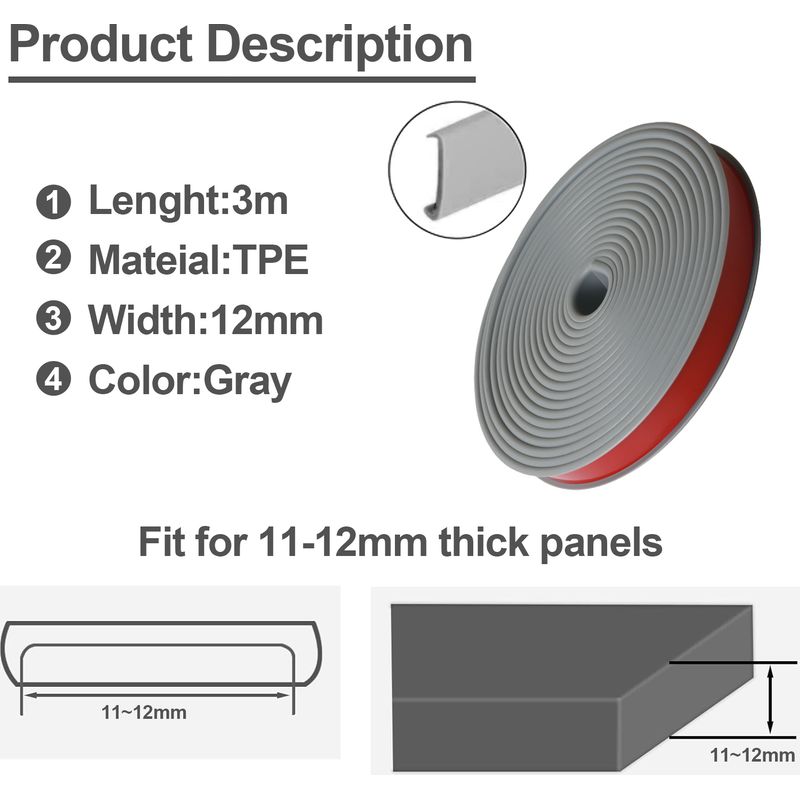 Kantenschutzleiste – Selbstklebend, U-förmig – 12 Mm X 3 M – Grau – Für Arbeitsplatten, Möbel Und Fußböden