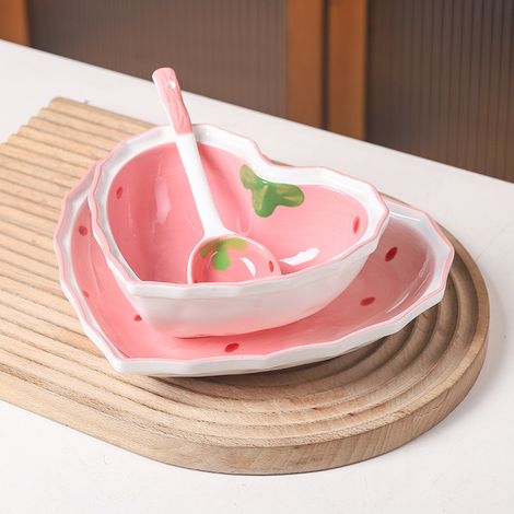 Keramik-salat-/dessertset Mit Schüssel, Löffel Und Erdbeerlöffel, Herzmuster, Für Internet-prominente.