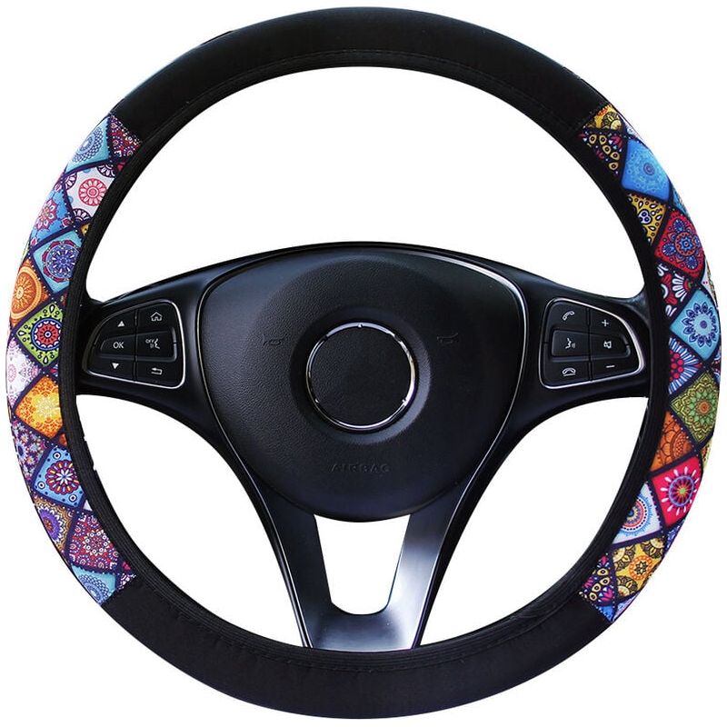 Lenkradbezug – Mikrofaser-kunstleder – Mandala-muster – Außendurchmesser 37 Bis 39 Cm – Schwarz-mehrfarbig – 1 Stück
