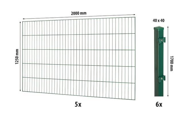Floraworld Einstabmatten-Zaunset mit Vierkantpfosten Grün 125 cm x 1000 cm